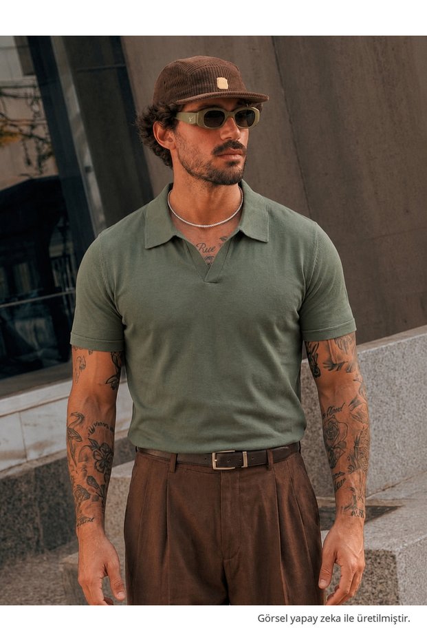 Men's Polo Collar 100% Cotton Basic Khaki T-Shirt
