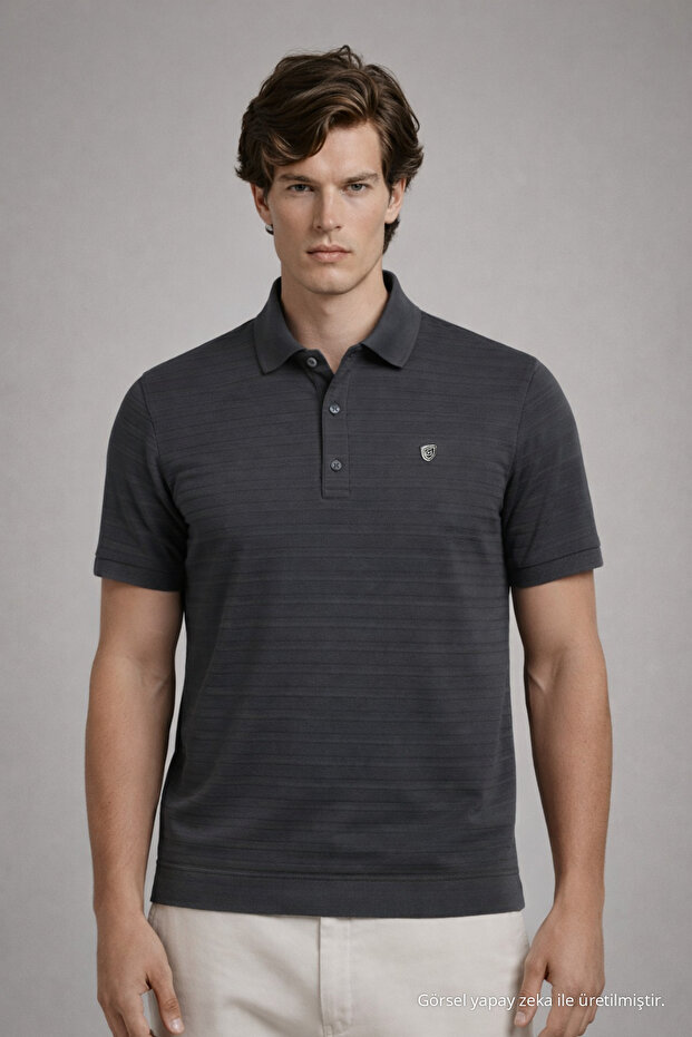 Men's Striped Comfortable Dark Gray Polo Neck T-Shirt