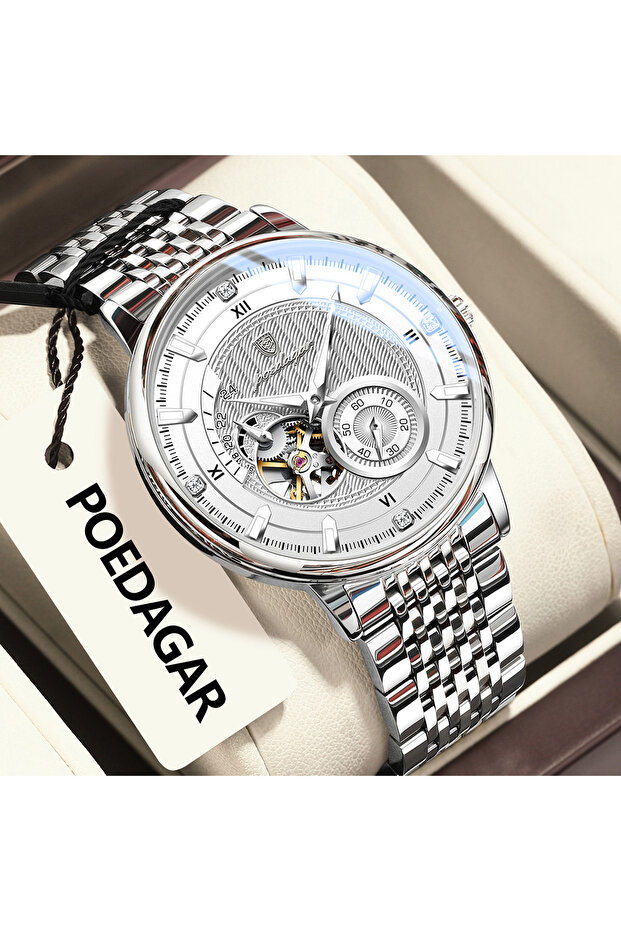 1416 Silver White POEDAGAR Top Luxury Man Wristwatch Luminous Hollow Tourbillon Stainless Steel Men