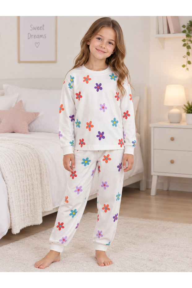 Girls' 100% Cotton Fabric Small Flowers Pattern White Long Sleeve Winter Pajamas Set
