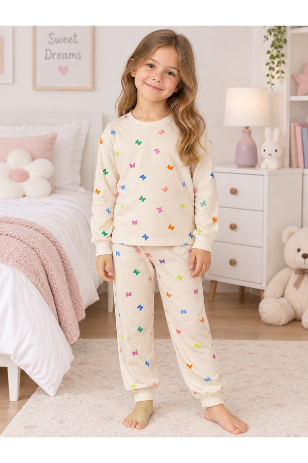 Girl's 100% Cotton Fabric Beige Color Colorful Patterned Long Sleeve Interlock Pajama Set