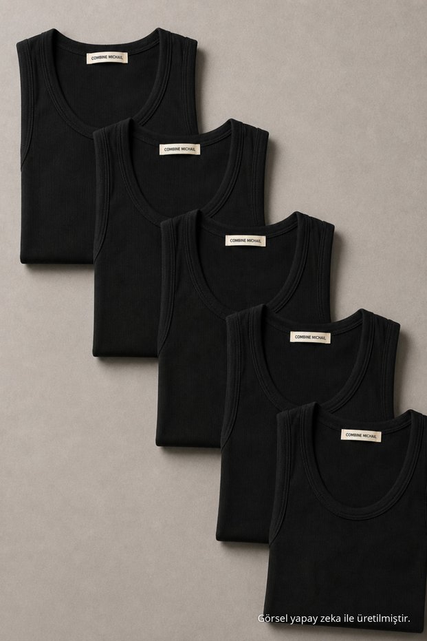 Men's Flexible 5-Piece Black Ribbed Undershirt