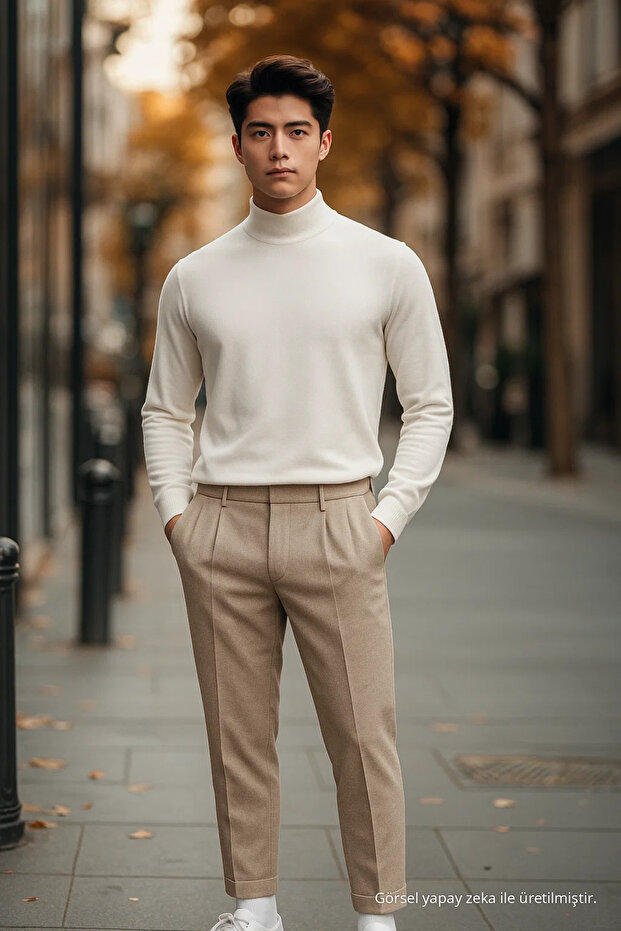 Men's Regular Fit High Neck Cream Knit Sweater