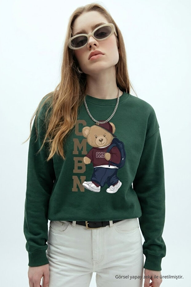 Women's Teddy Bear Print Red Green Relax Sweatshirt