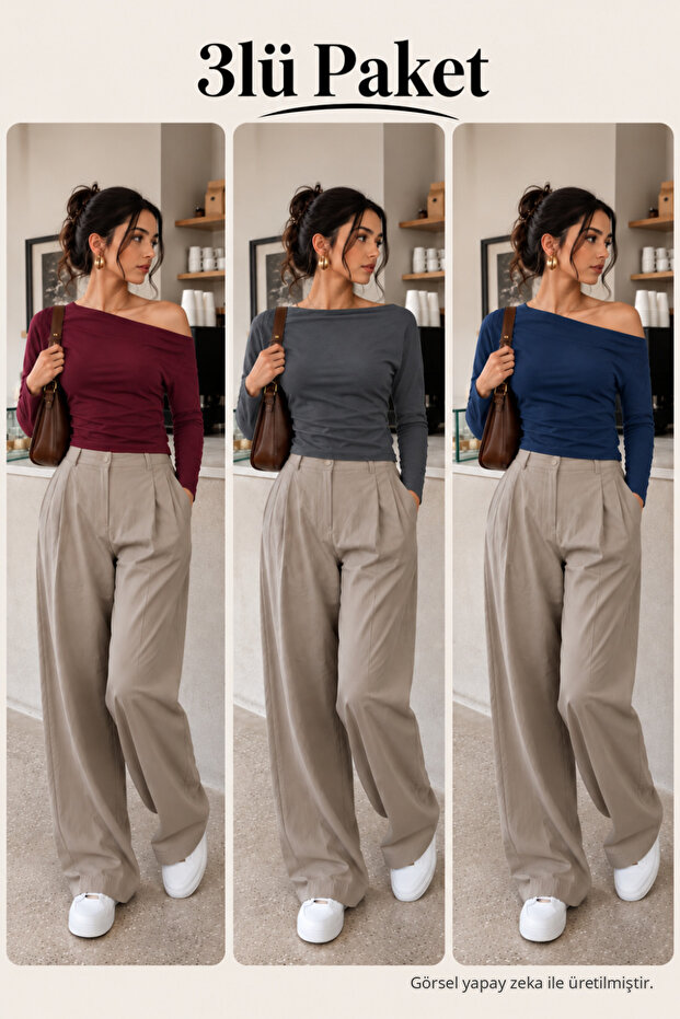 Women's Boat Neck Basic Slim Blouse 3-Piece