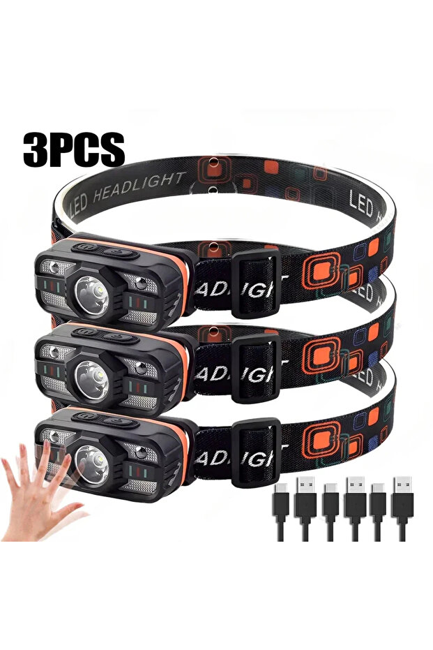 A-3PCS USB Rechargeable LED Headlamp Portable Light with Built in Battery 6 Lighting Modes Fishing H