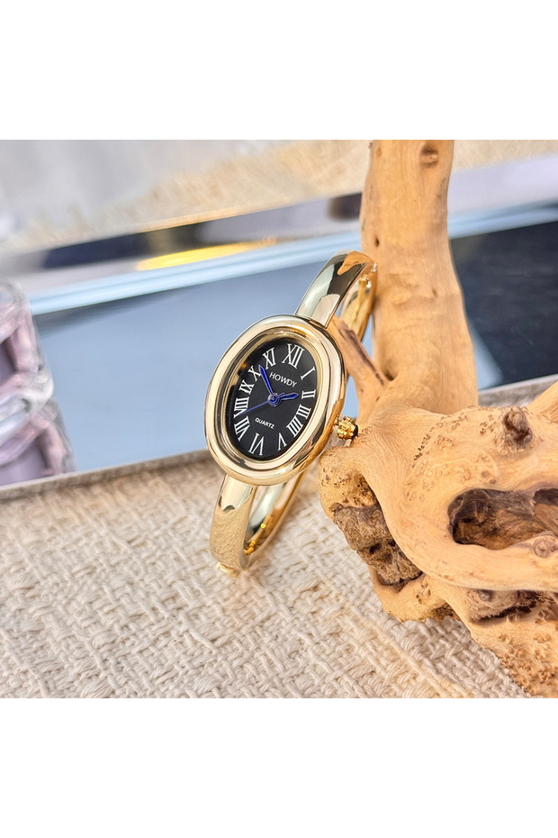 Gold Black Elegant Roman Numeral Dial Quadro French Style Ladies Quartz Watch Bрасlet with Oval Bath