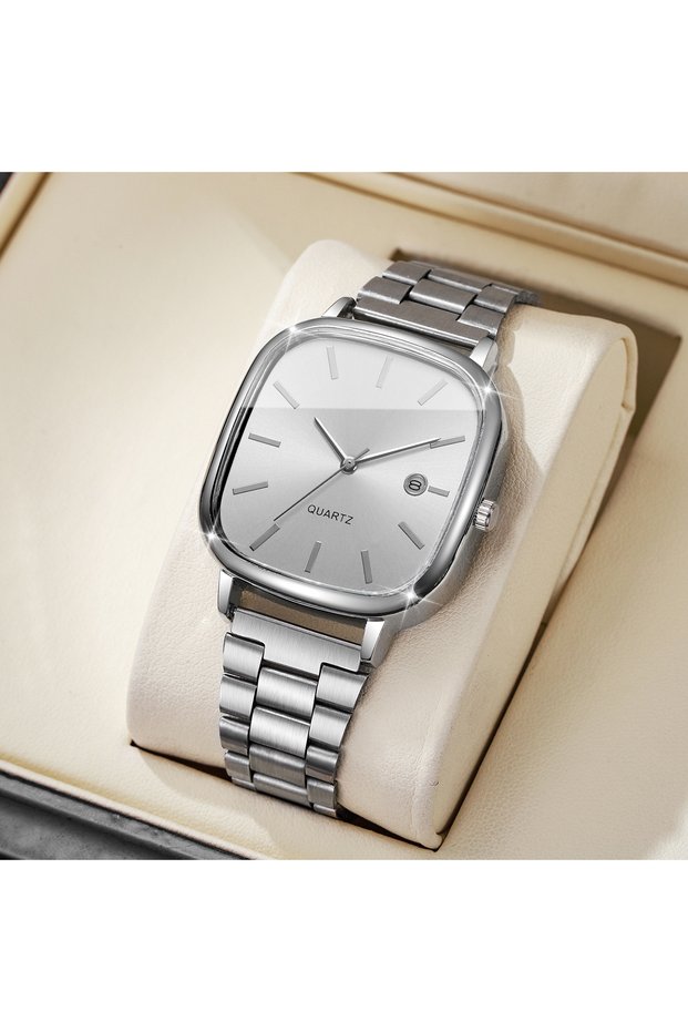 Silver White No Box Fashion Square Men Business Watches Analog Calendar Quartz Watch for Mens Clock