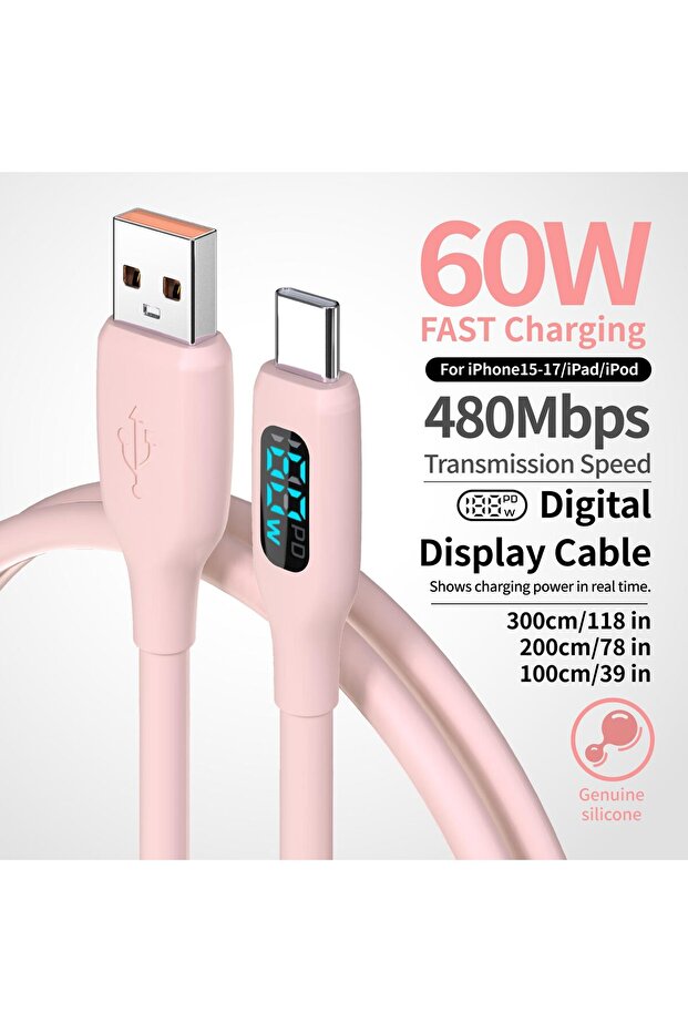 2m Pink 60W USB-A to USB-C Fast Charging Cable Flexible Pink Silicone Charger For iPhone 17/16/15 P