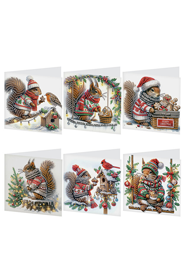 Christmas Squirrel 6Pcs Diamond Art Painting Greeting Card Kits,Christmas Squirrel Greeting Cards wi