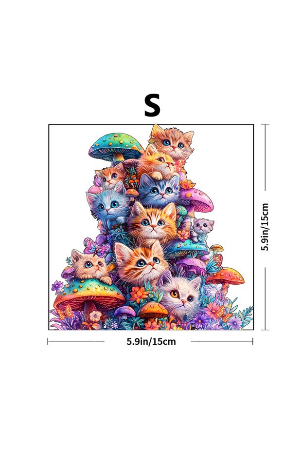 Z139-S Adult Wooden Puzzle - Cute Mushroom Cat Animal Pattern - Unique Irregular Shape - Gift for Pu