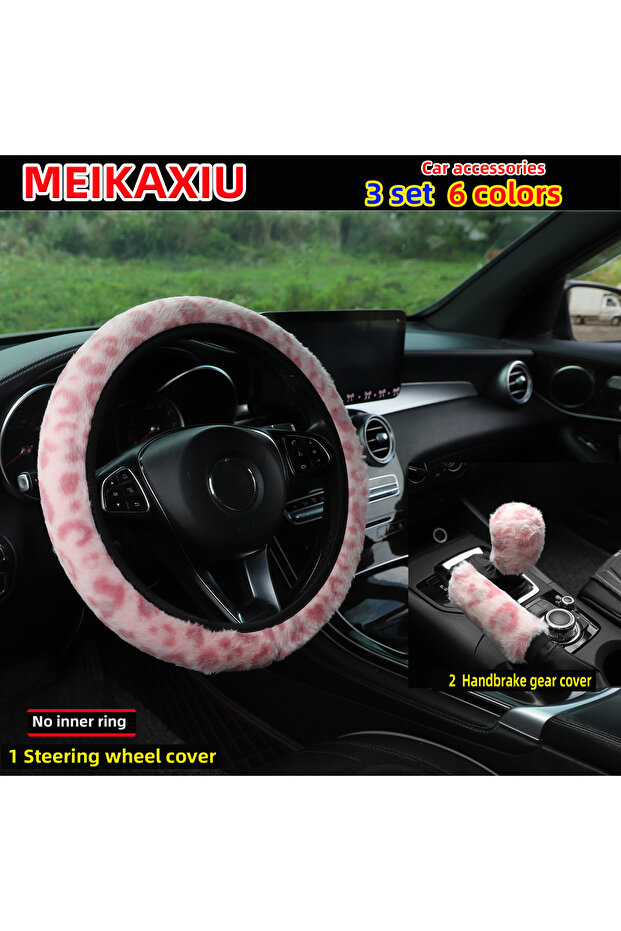 Pink 3 pcs plush leopard print car rimless steering wheel cover, handbrake cover, gearshift cover, c