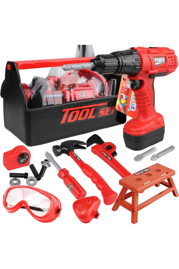Red Children's Tool Set with Electric Toy Drill Kids Power Construction Toy Pretend Play Toy Tools K