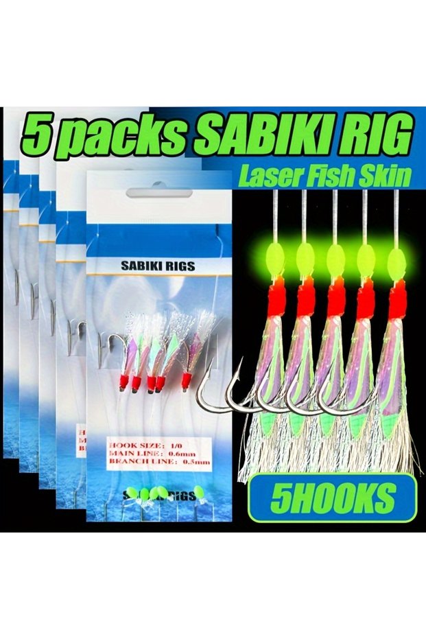 5 Packs TAKBAS 1/3/5Packs Sabiki Rigs Saltwater, Fish Skin Mackerel Feathers Rigs, Sea Fishing Rigs