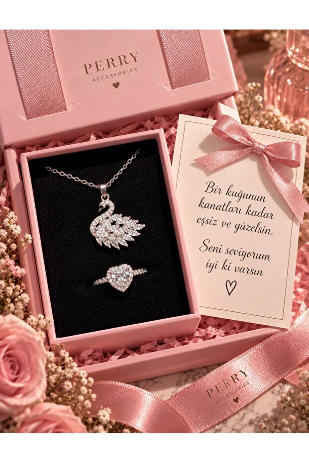 Non Tarnish Steel Zircon Stone Swan Pendant and Solemn Relationship Ring White Heart Ring Set
