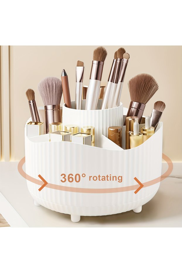 White Desktop Rotating Makeup Organizer Cosmetics Storage Box Slot Makeup Versatile Holder for Brush