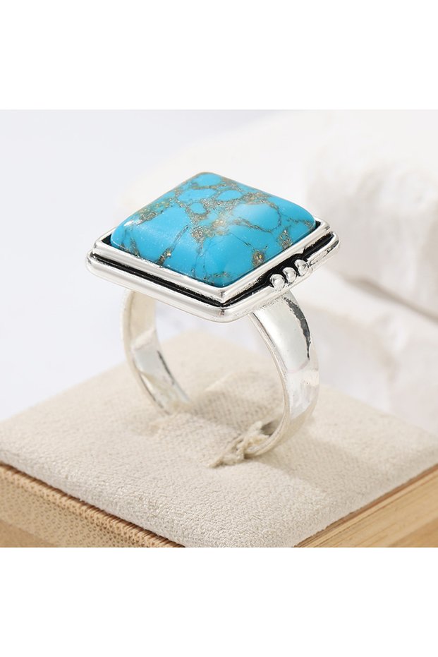 10 Silver Plated B482 Silvery Plated Inlaid Synthetic Turquoise Vintage Big Square Ring for Women's