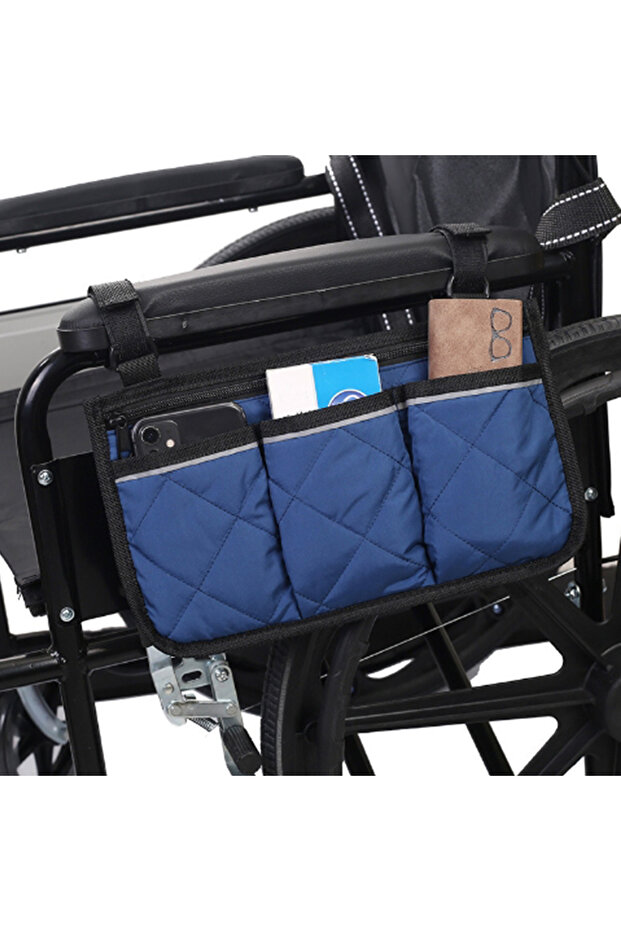 20cm*30cm Blue Wheelchair Side Armrest Bag Reflective Strip Portable Velcro Polyester Storage and Ha