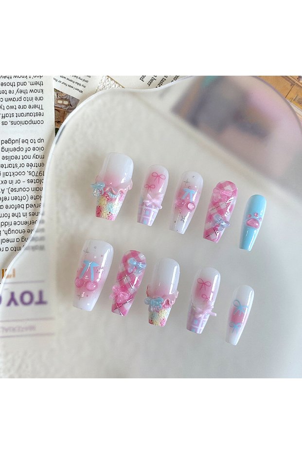 SJ365-M 10pcs Pure Handmade Coffin Shaped Nail Art, Beautiful Fake Nails, Playful Pink White Blue Na