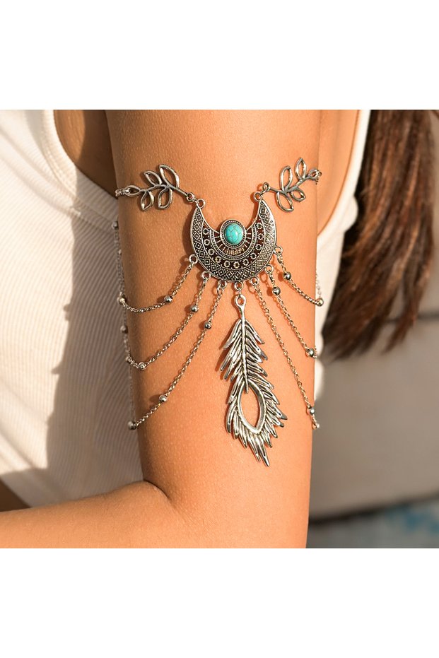 silver color IngeSight.Z Vintage Metal Feather Pendant Upper Arm Bracelet Boho Multilayer Metal Tass