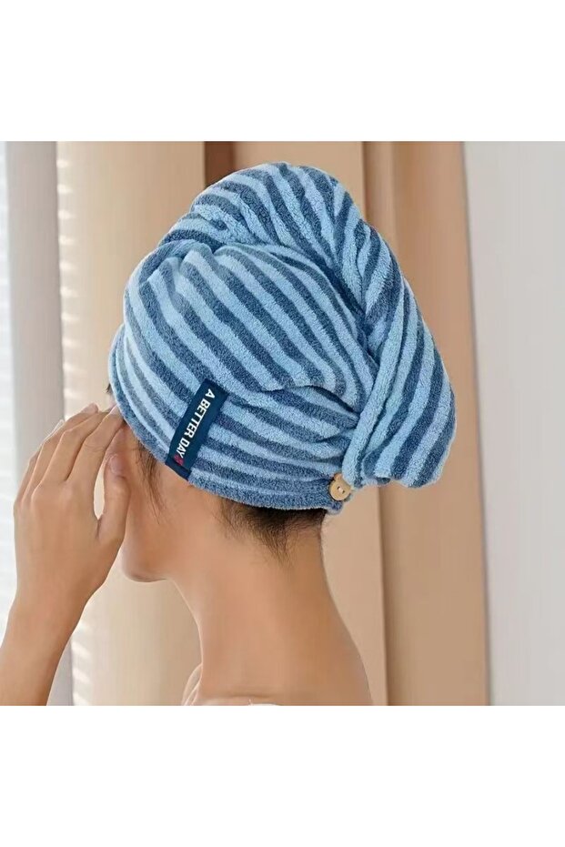 blue Striped Microfiber Hair Dry Towel Quick Drying Absorbent Soft Touch Hair Towel Wrap for Bath An