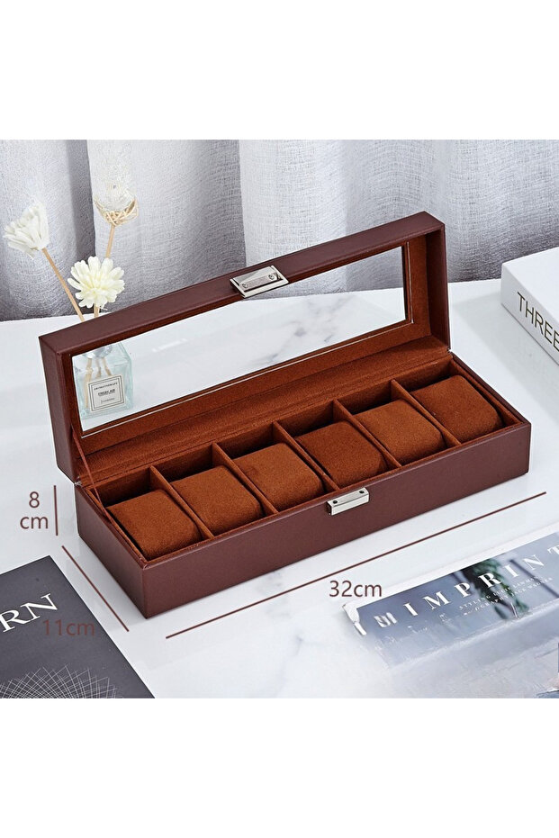 Brown 6-Slot PU Leather Watch Box - Luxury Storage & Display Case for Wristwatch Mechanical Watch, W