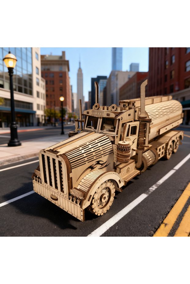 WHITE Wooden Mini Oil Tanker Model Toy Puzzle DIY Wooden 3D Puzzle Truck Assembly Educational Birthd