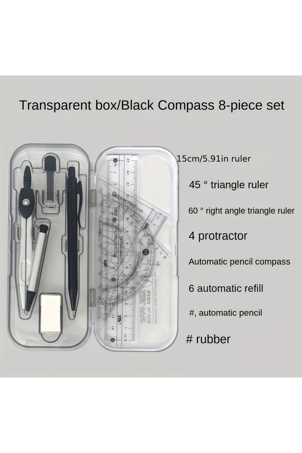 black Compass and Ruler Set, Geometry Math Kit with Protractor, Triangles & Eraser, Essential School