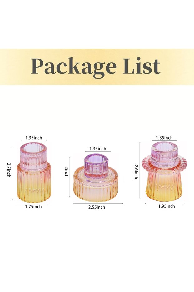 3Pcs Rainbow 3Pcs Double Sided Vintage Ribbed Taper Glass Candle Holders for Table Centerpieces, Wed