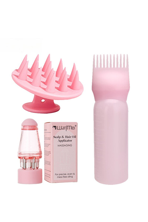 Pink-3pcs 3pcs Silicone Shampoo Brush Scalp Massage Comb Hair Dye Tint Oil Applicator Bottle with Br