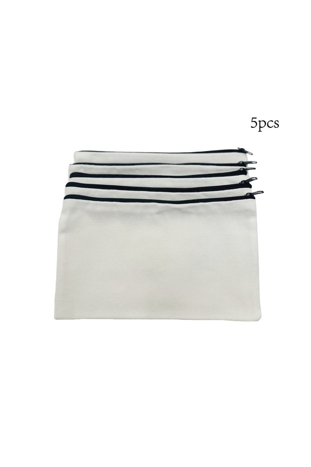 5pcs White 5pcs Blank Canvas Zipper Pouch Bulk, Makeup Bag Pencil Case For Cosmetic & DIY Crafts, In