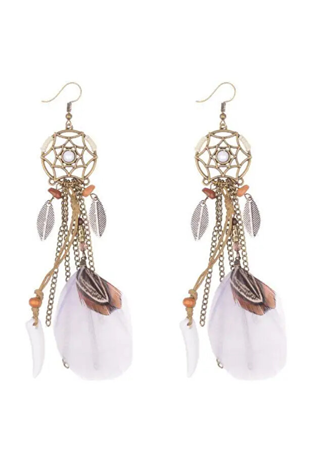 White Boho Ethnic Dream Catcher Feather Antique Long Hook Earrings Fancy Handmade Chain Tassle Earri