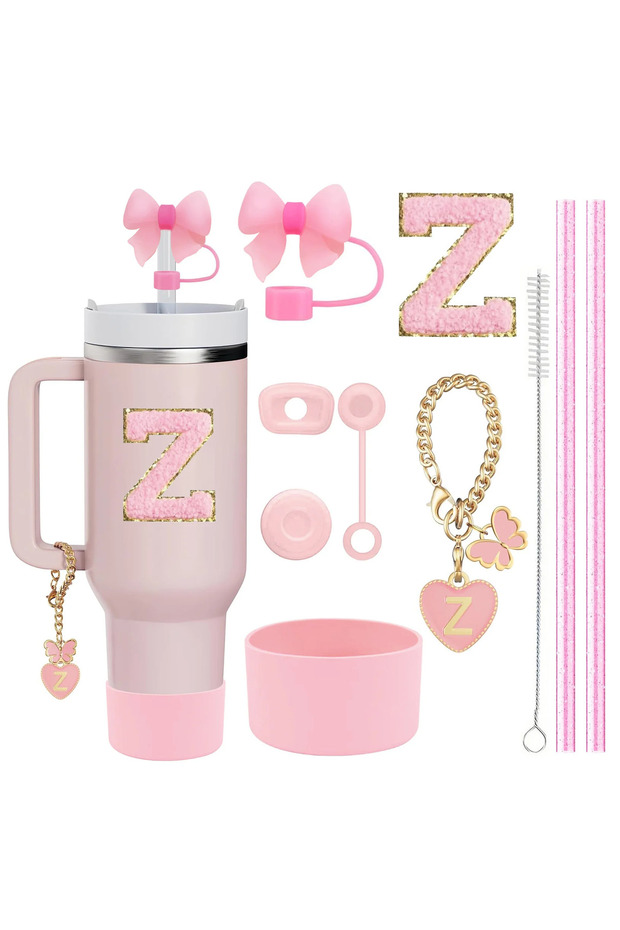 Z-Letter-Pink-10pcs 10PCS Accessories Set for Stanley Cup, 2 Straw and Brush and 1 Flower Charm Chai