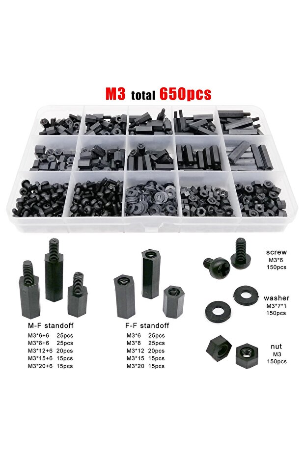 M3 650pcs 445/1300pcs M2 M2.5 M3 M4 Black Plastic Nylon Insulated Hex Standoff Hexagon Pillar Spacer