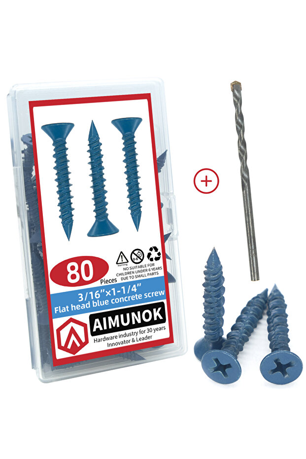 3-16 x 1-1-4 80pcs 3/16 Inch Concrete Screw Anchor, Blue Flat Head Screws for Anchoring to Masonry B