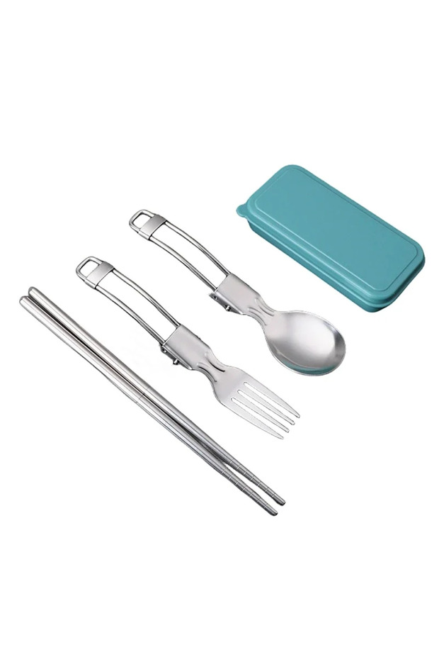 Blue 304 Stainless Steel Folding Cutlery Set Portable Spoon Fork for Camping Travel Hiking Picnic Ou