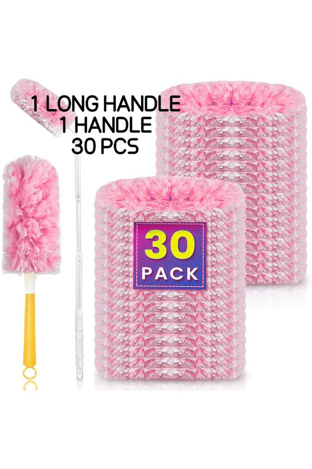 2 handles 30PCS Dust Duster Suitable for Swiffer's Dust Removal Head 360 Dust Removal Pink