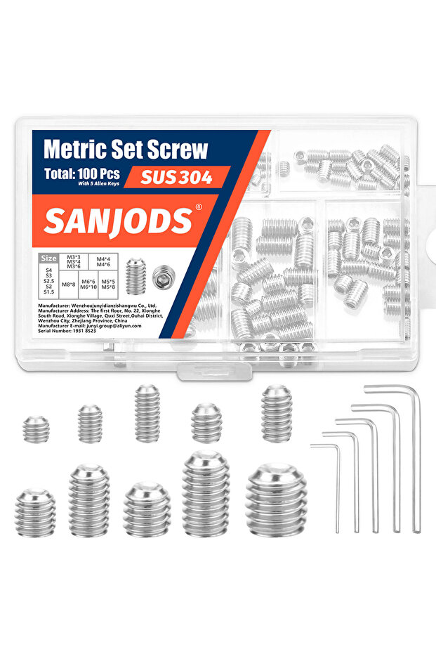 100pcs 100pcs Set Screws Assortment Kit M3 M4 M5 M6 M8 with Allen Keys 304 Stainless Steel Grub Scre