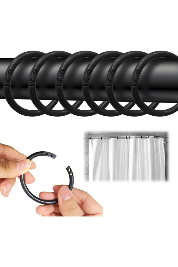 24 Pcs 24 Pcs Black Shower Curtain Rings, Plastic Hooks for Bathroom Curtain Hanging, Universal Fit