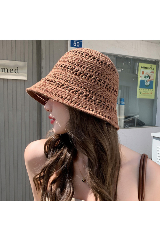 Coffee Summer Knitted Fisherman's Hat Fashionable, Versatile, Breathable, Foldable Basin Hat Outdoor
