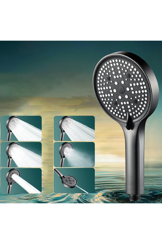 Single grey High Pressure Shower Head Set Water Saving Rainfall Spray Handheld 6 Jet Modes Shower He