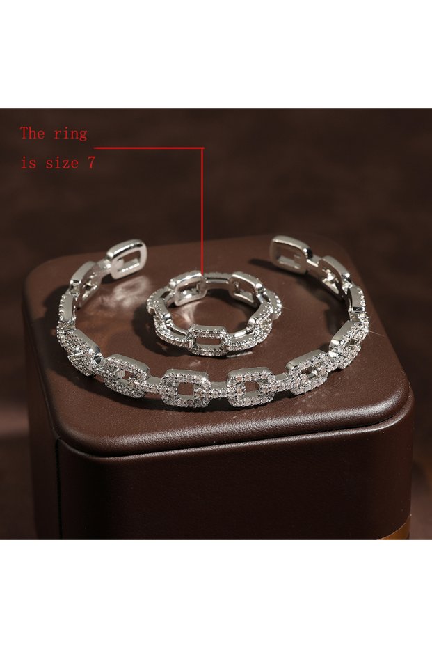 Sliver Color S63 ZAKOL New Geometric Buling AAA Zirconia Ring Bangle Set for Women Shiny Crystal Lux