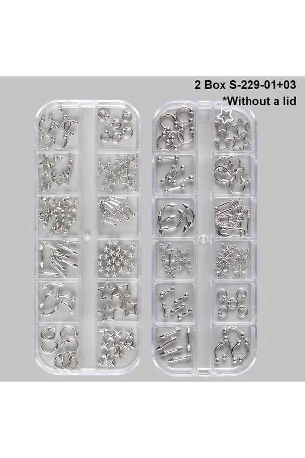2box S-229(01-03) 12 Grids Goth Punk Nail Charms Studs Y2K Piercing Designs Metallic Silvery Nails A