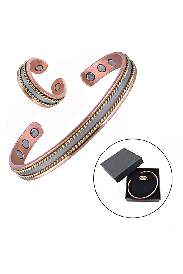 resizable 7120 Set Vintage Pure Copper Jewelry Set Adjustable Magnetic Bracelet Ring Energy Arthriti