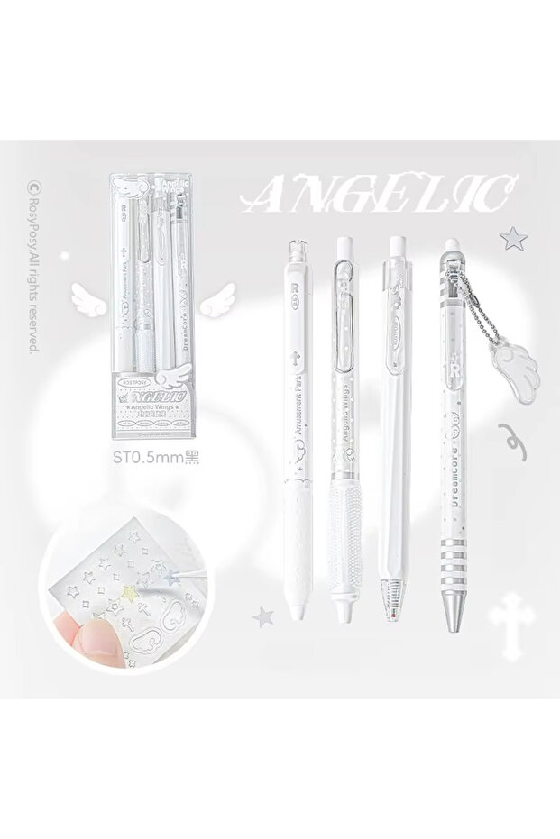 TSB-WHITE 4pcs/set Pearl Angel Gel Pen Set Cute Exam Pens with Wing Design Kawaii Cartoon 0.5mm Blac