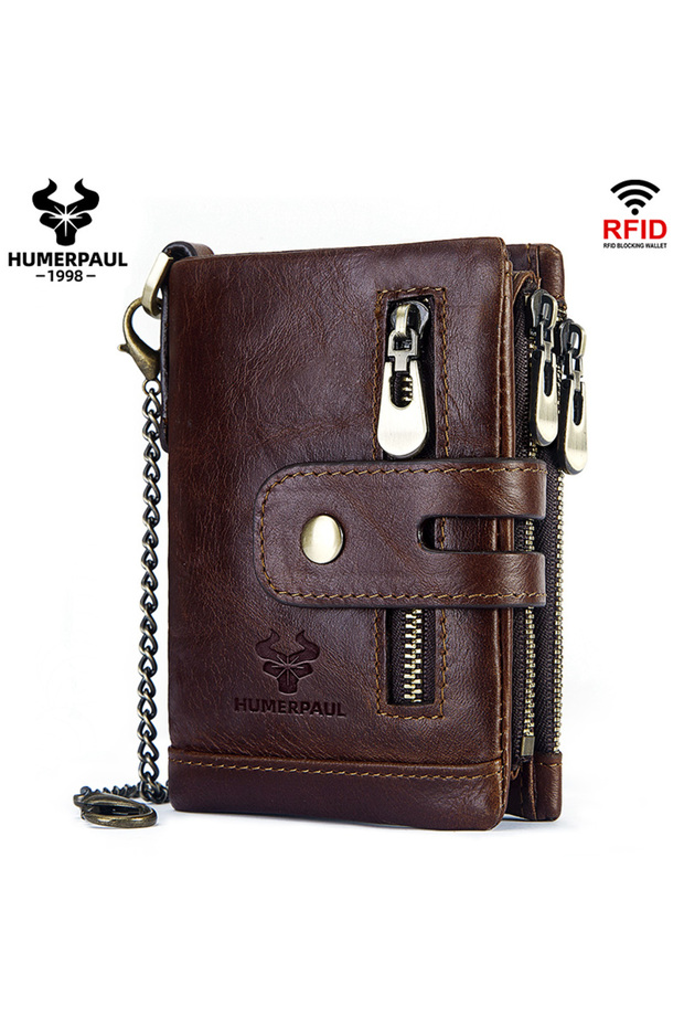 Coffee HUMERPAUL100% Genuine Cowhide Leather Wallet For Men Short RFID Money Purse Card Holder Doubl