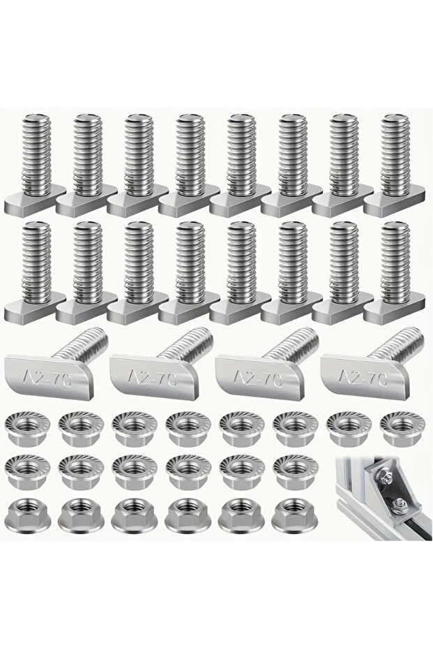 Silver 40Pcs Stainless Steel T-Bolts, Square Head Screws for Slots, Square Head Screws, M8 Hex Head