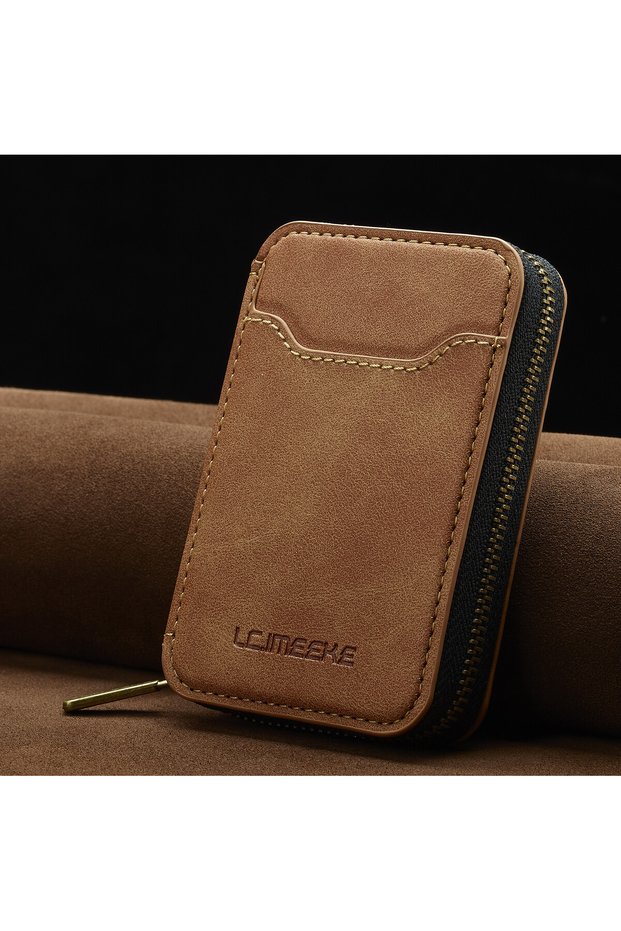 Brown Magnetic Attraction Zipper Leather Card Slot Wallet for iPhone 18 Samsung Galaxy Google Xiaomi