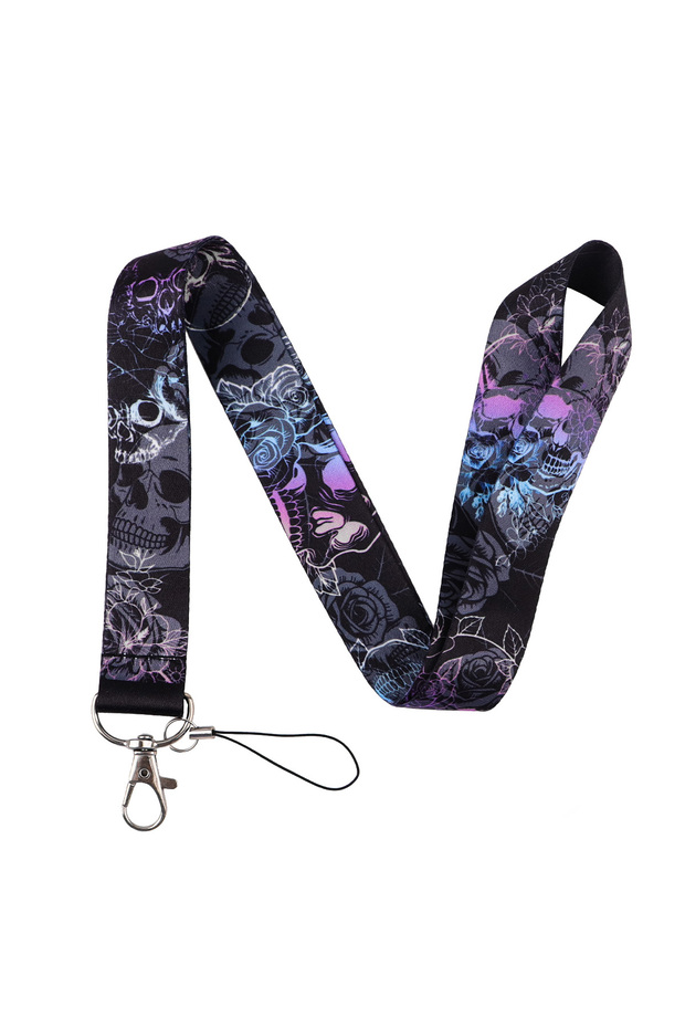 1 Dark Skeleton Lanyard Neck Strap Keychain Skull Flowers Card Cover Badge Holder Mobile Phone Hang.