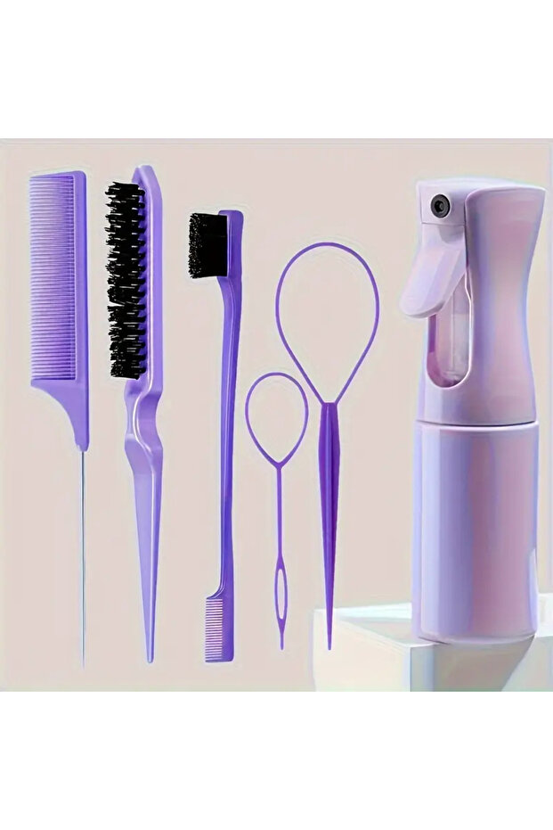 Purple 6pcs/Set Hair Brush Set Hairdressing Spray Bottle Hair Braiding Loop Rat Tail Comb Teasing Ha